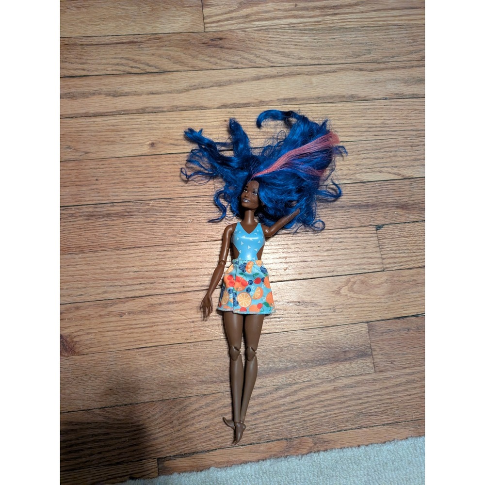 Mattel Barbie Fashionistas Doll Blue Hair Fruit Skirt HNW42 Deep Skin Tone